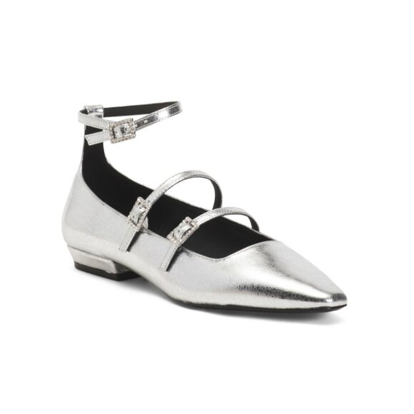 BCBGMAXAZRIA Silver Leather Taji Double Buckle Flats